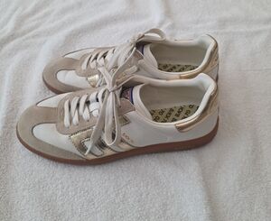Back 70 Women's White & Taupe Lace-Up Sneakers with Metallic Gold Accent